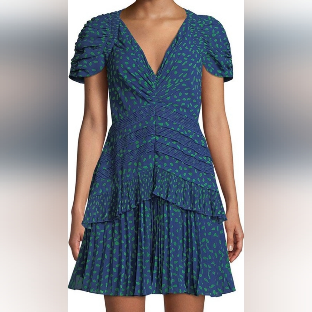 Self-portrait blue and green dot chiffon mini